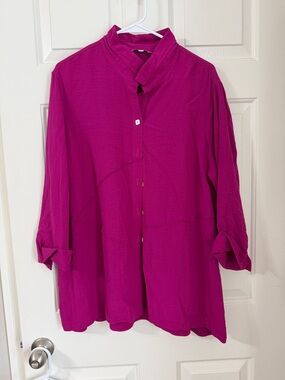 John Mark Hot Pink Fuchsia 3/4th Sleeve Button Front Womens Blouse